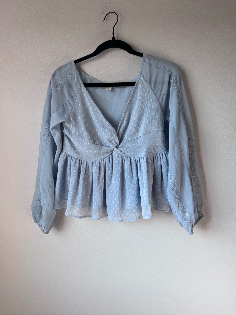 Light Blue Twist-Front Peasant Blouse